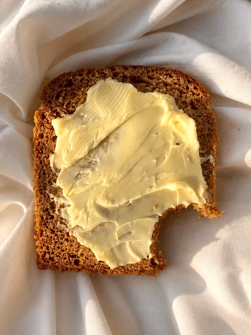 Slice of bread with butter and a bite taken out
